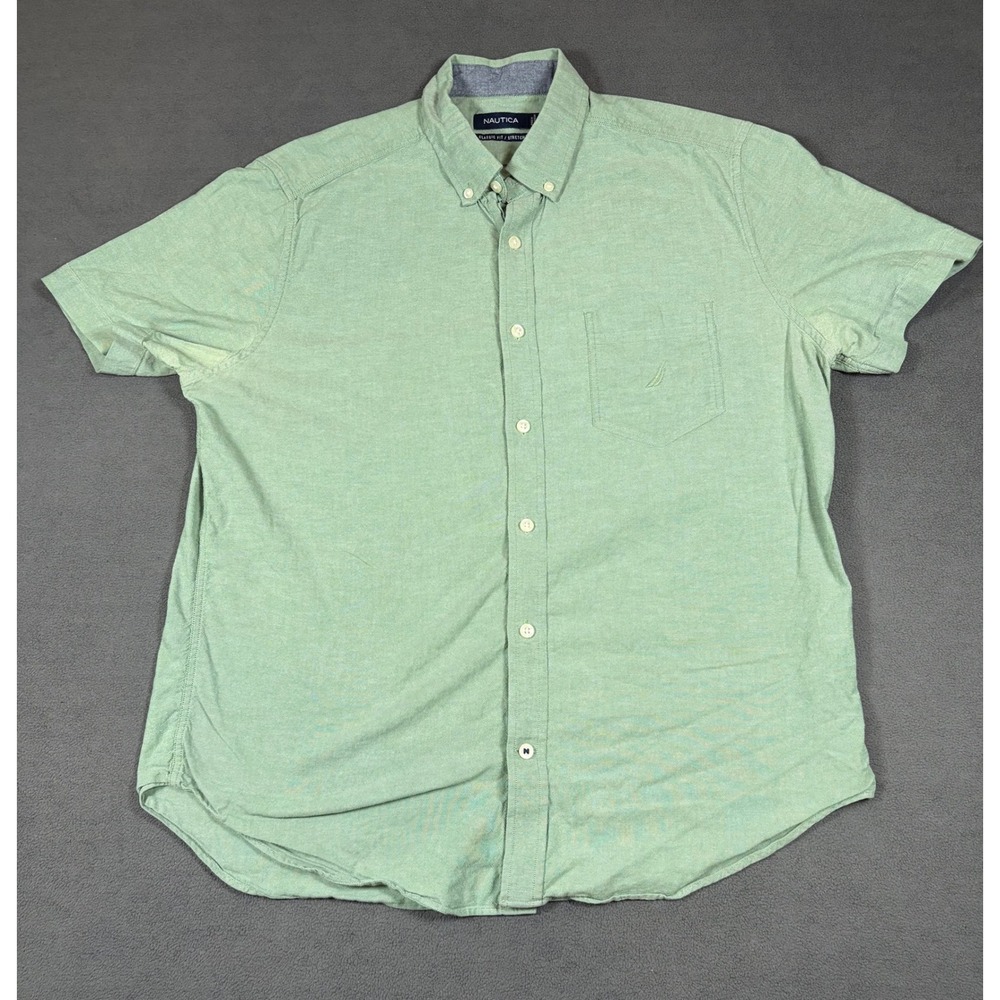 Nautica Button Down Shirt Mens Large Green Short Sleeve Classic Fit Stretch